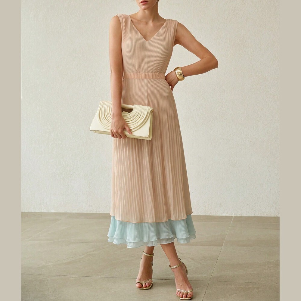 Ivory Pleated Midi Dress with Contrast Ruffle Hem - Picture 5 of 7